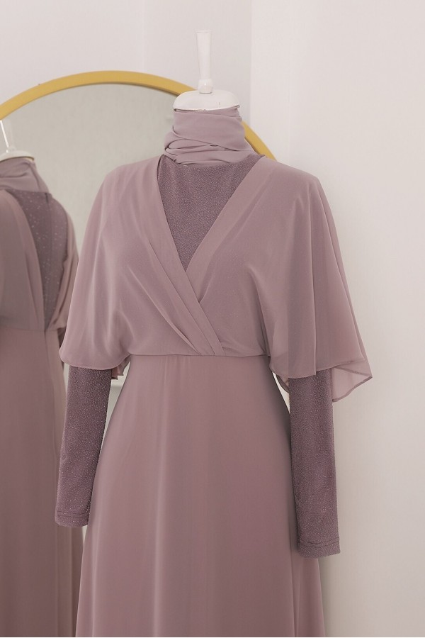 Silvery Chiffon Long Evening Dress   -Lilac