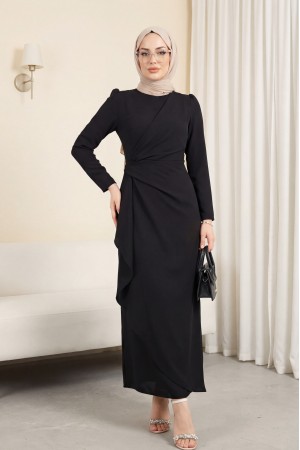 Önü Allerli Eteği Asimetrik Krep Elbise -Siyah