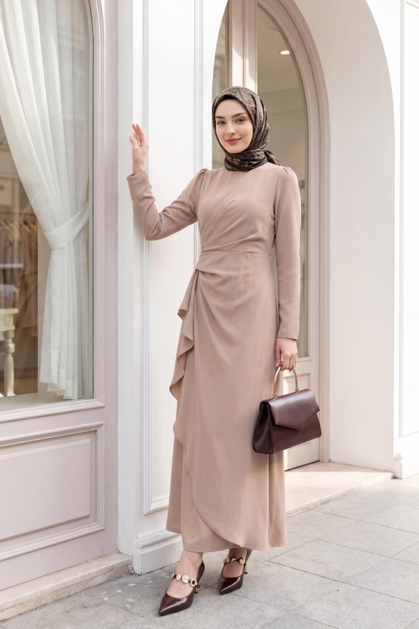 Asymmetrical Crepe Dress with Front Allery Skirt  - Beige