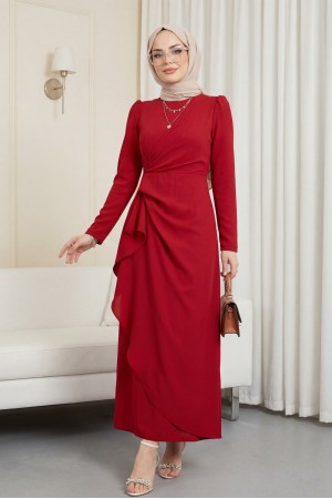 Asymmetrical Crepe Dress with Front Allery Skirt  -Maroon