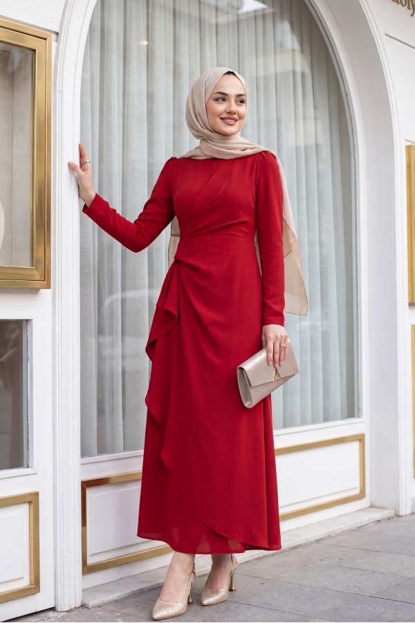 Asymmetrical Crepe Dress with Front Allery Skirt  -Maroon