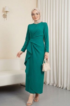 Önü Allerli Eteği Asimetrik Krep Elbise  -Zümrüt