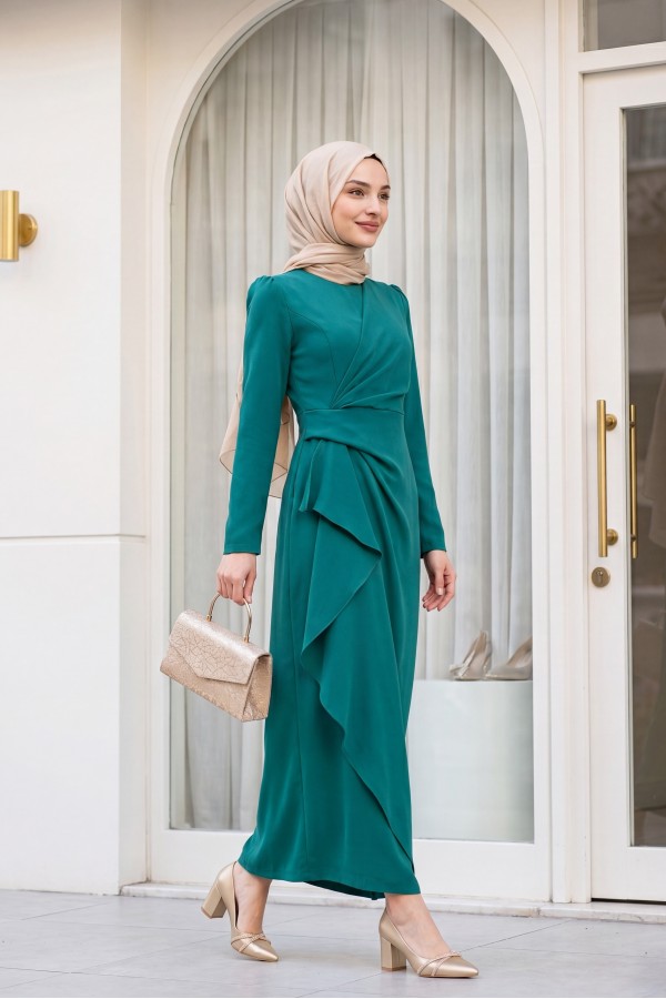 Asymmetrical Crepe Dress with Front Allery Skirt  -Emerald