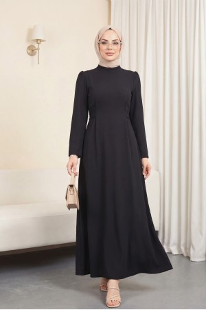 Hakim Yaka Belden Bağlamalı Elbise -Siyah