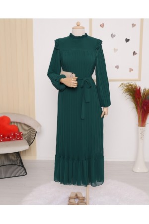 Front Robe Sleeves and Body Pleated Dress  -Emerald