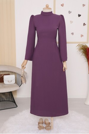 Hakim Yaka Belden Bağlamalı Elbise  -Mürdüm