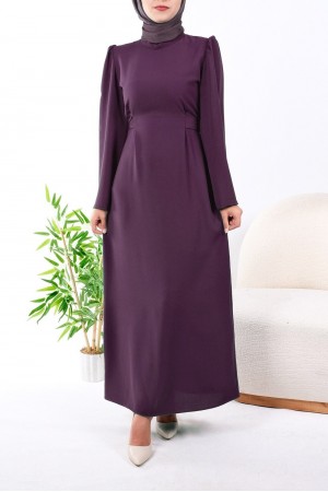 Hakim Yaka Belden Bağlamalı Elbise  -Mürdüm
