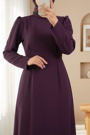 Hakim Yaka Belden Bağlamalı Elbise  -Mürdüm