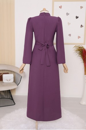 Hakim Yaka Belden Bağlamalı Elbise  -Mürdüm