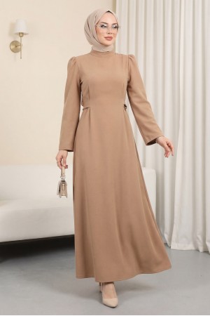 Hakim Yaka Belden Bağlamalı Elbise  -Vizon