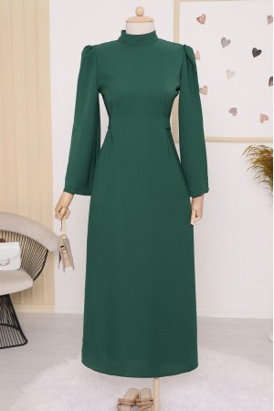 Hakim Yaka Belden Bağlamalı Elbise  -Zümrüt