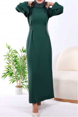 Hakim Yaka Belden Bağlamalı Elbise  -Zümrüt
