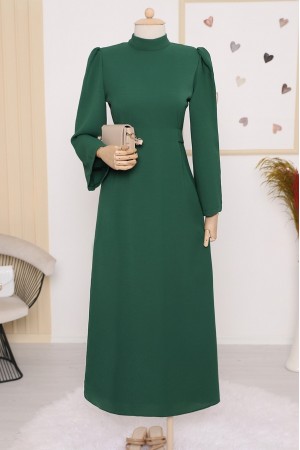 Hakim Yaka Belden Bağlamalı Elbise  -Zümrüt
