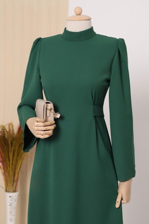 Hakim Yaka Belden Bağlamalı Elbise  -Zümrüt