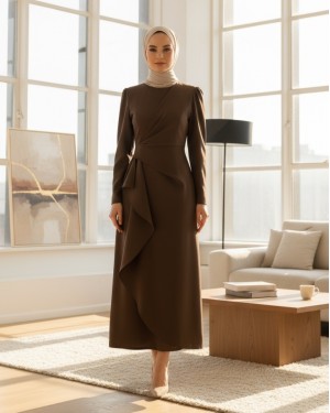 Önü Allerli Eteği Asimetrik Krep Elbise   -Kahve