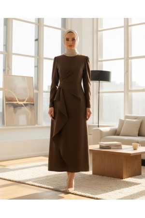 Önü Allerli Eteği Asimetrik Krep Elbise   -Kahve