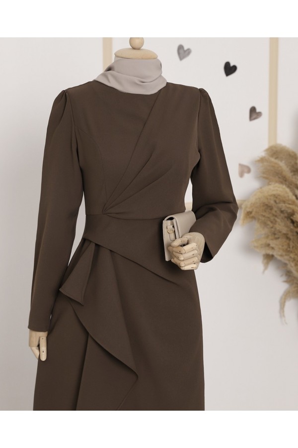 Asymmetrical Crepe Dress with Front Allery Skirt   -Brown