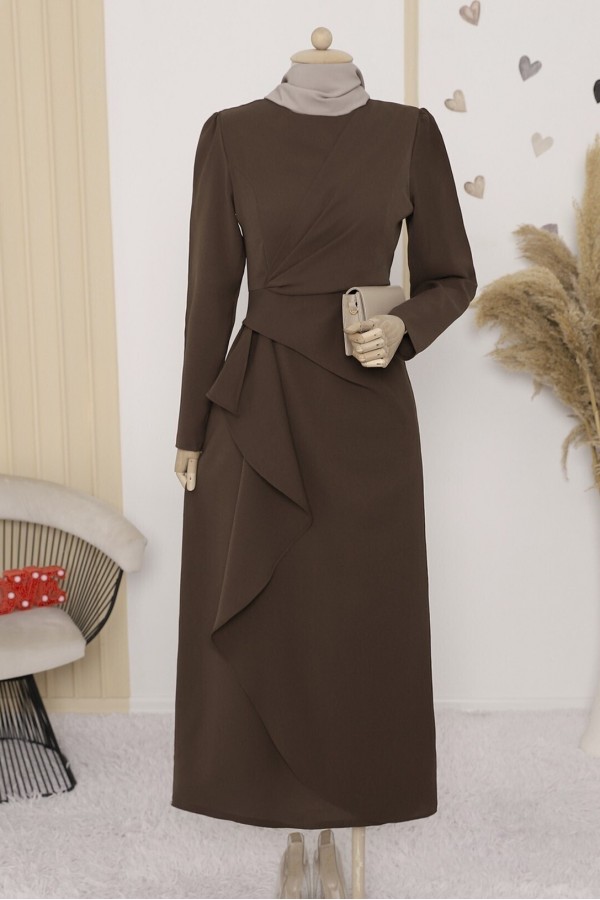 Asymmetrical Crepe Dress with Front Allery Skirt   -Brown