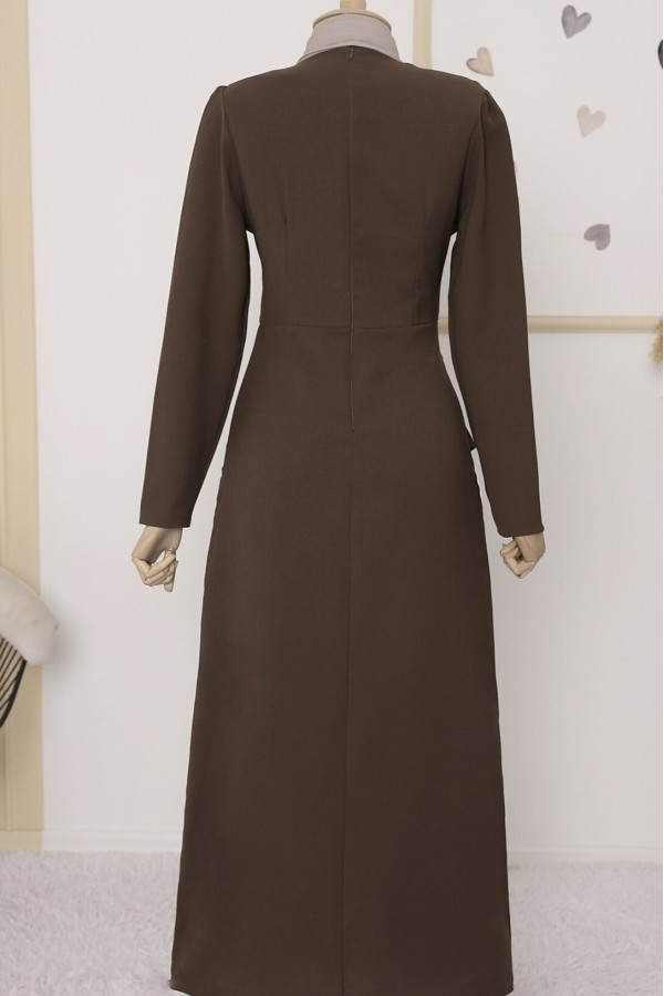 Asymmetrical Crepe Dress with Front Allery Skirt   -Brown