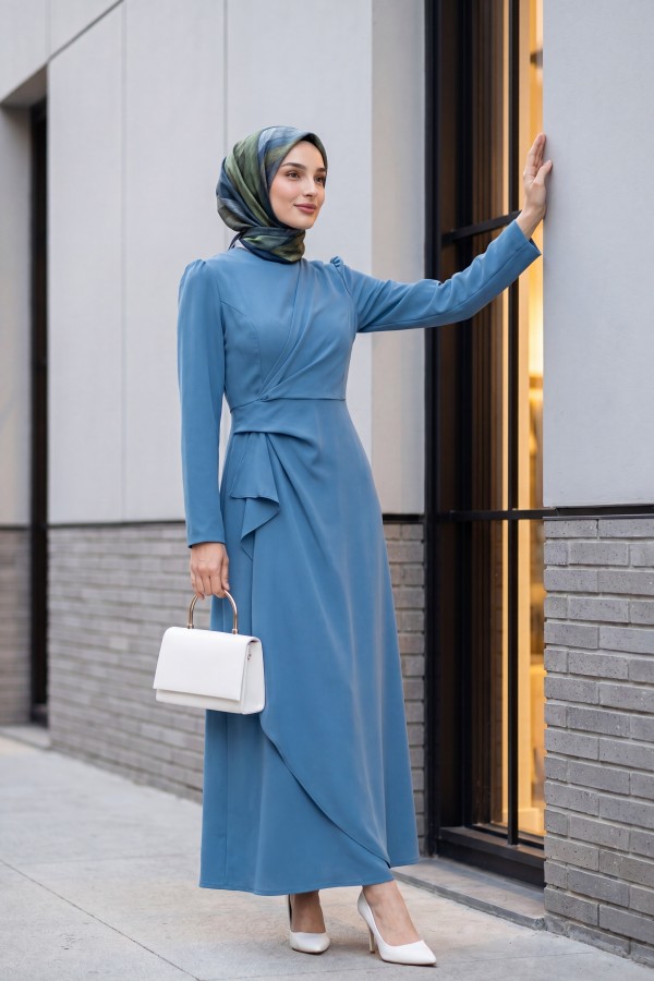 Asymmetrical Crepe Dress with Front Allery Skirt   -Blue