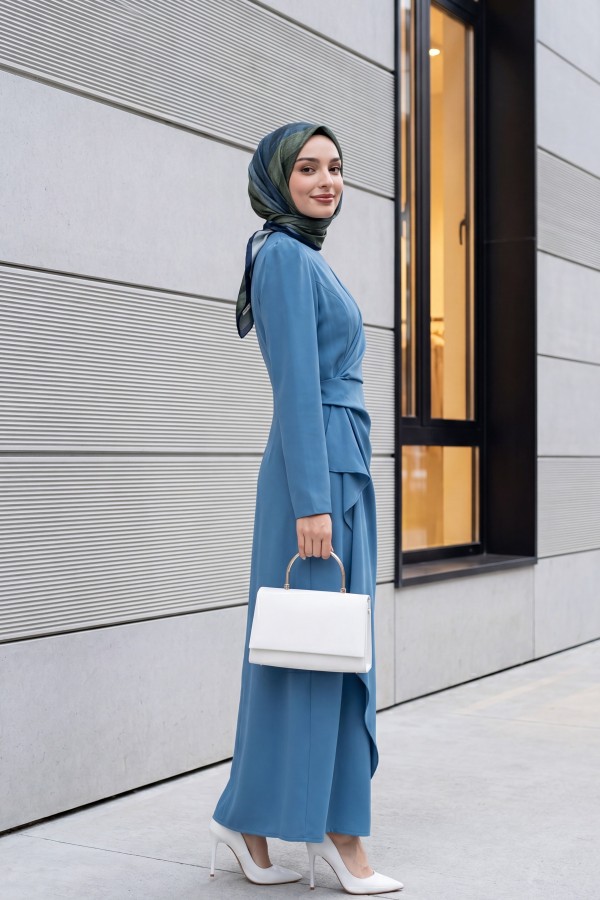 Asymmetrical Crepe Dress with Front Allery Skirt   -Blue