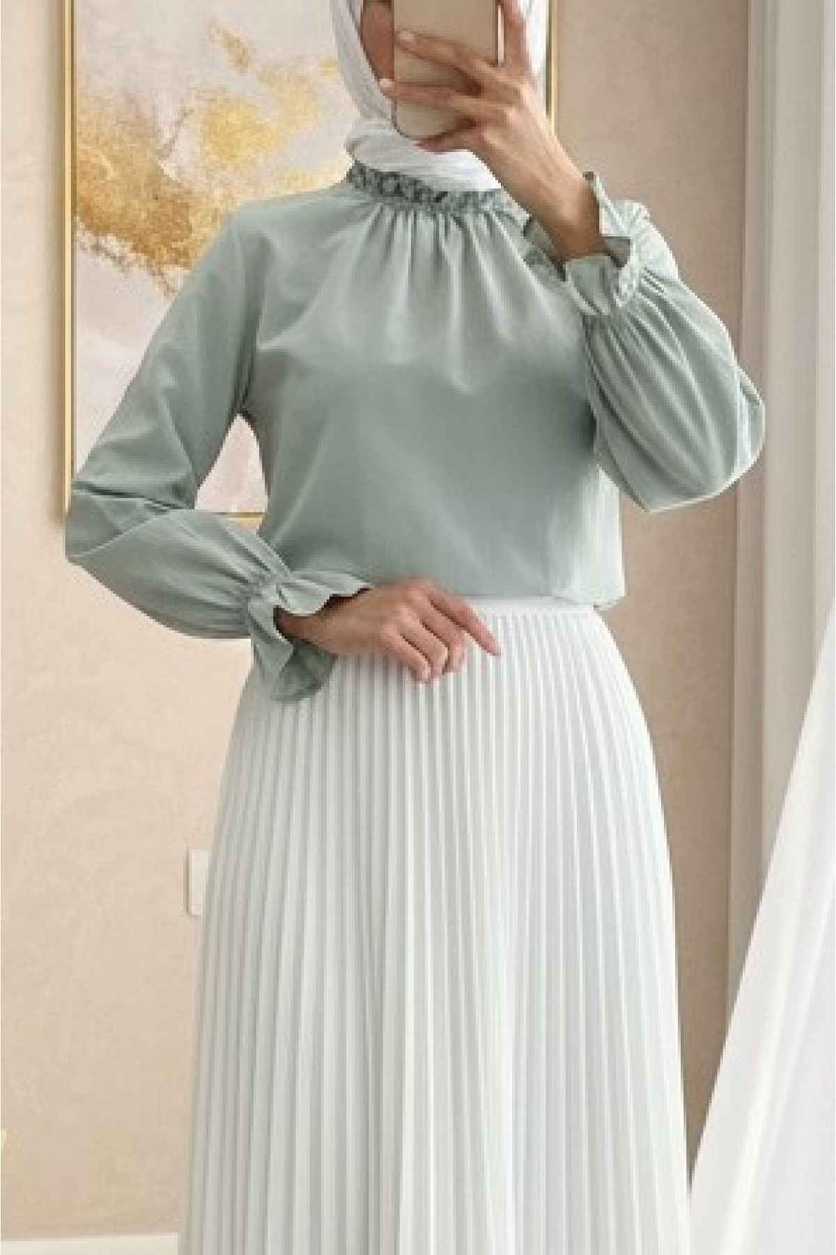 Pleated Collar Blouse    -Sea green