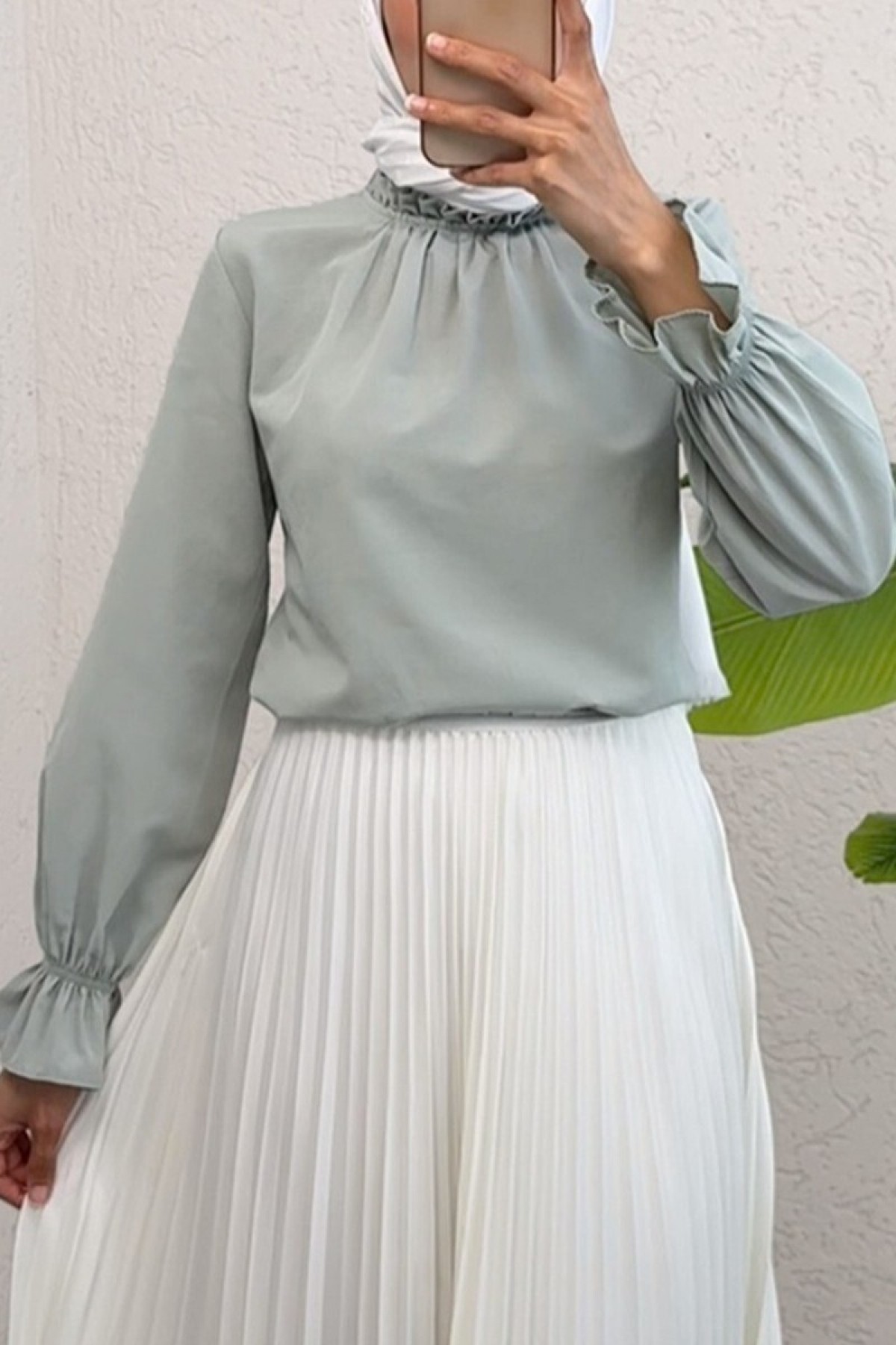 Pleated Collar Blouse    -Sea green
