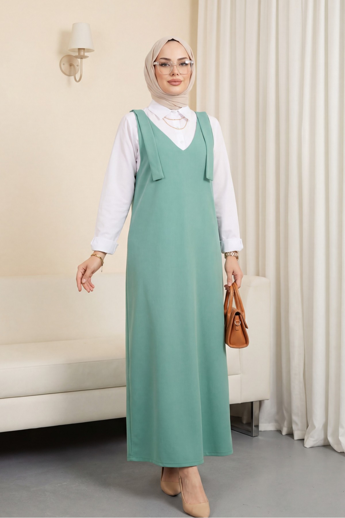 Long Gilet With Tied Shoulders      -Green