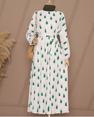 Bat Sleeve Belt Linen Dress -Green
