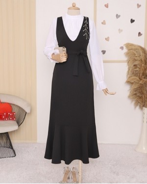 Yakası Taşlı Kemerli Eteği Fırfırlı Jile -Siyah