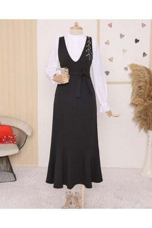 Collar Stony Belted Skirt Frilly Gilet -Black