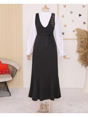 Yakası Taşlı Kemerli Eteği Fırfırlı Jile -Siyah