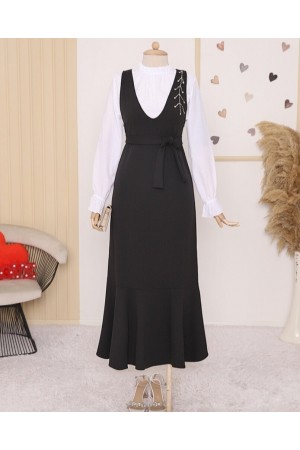 Collar Stony Belted Skirt Frilly Gilet -Black