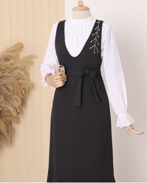 Yakası Taşlı Kemerli Eteği Fırfırlı Jile -Siyah