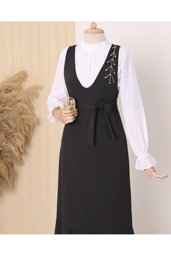 Collar Stony Belted Skirt Frilly Gilet -Black