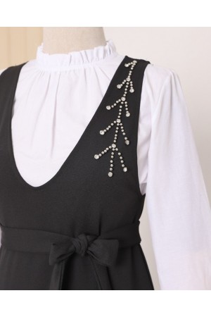 Collar Stony Belted Skirt Frilly Gilet -Black