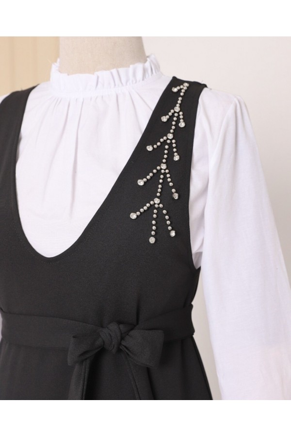 Collar Stony Belted Skirt Frilly Gilet -Black
