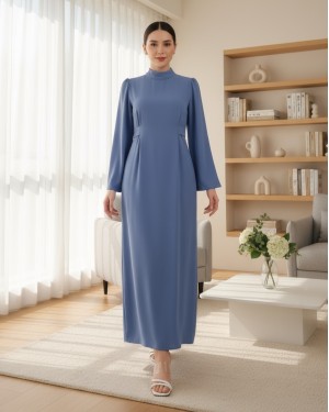 Hakim Yaka Belden Bağlamalı Elbise   -Mavi