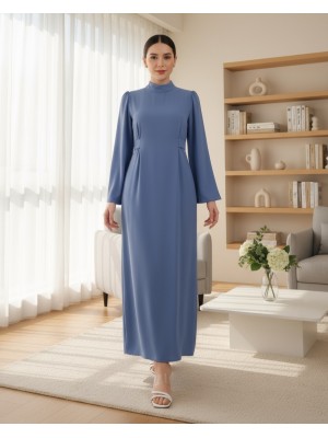 Hakim Yaka Belden Bağlamalı Elbise   -Mavi