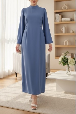 Hakim Yaka Belden Bağlamalı Elbise   -Mavi