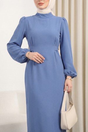 Hakim Yaka Belden Bağlamalı Elbise   -Mavi
