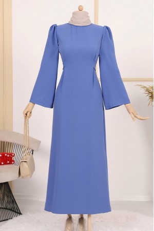 Hakim Yaka Belden Bağlamalı Elbise   -Mavi