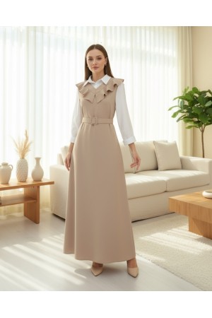 Yakası V Kemerli Uzun Jile Elbise    -Bej
