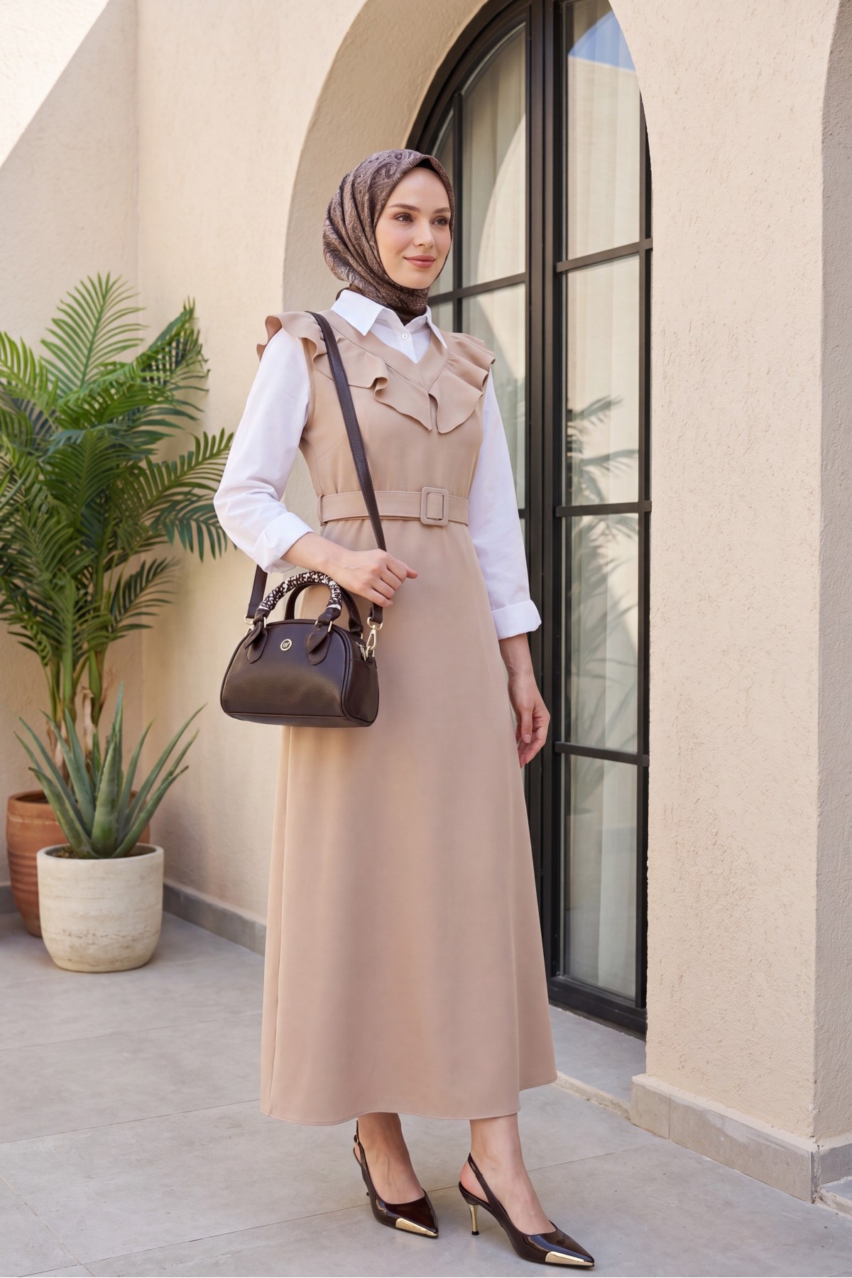 V Neck Long Gilet Dress    - Beige
