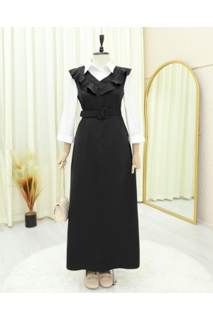 Yakası V Kemerli Uzun Jile Elbise    -Siyah