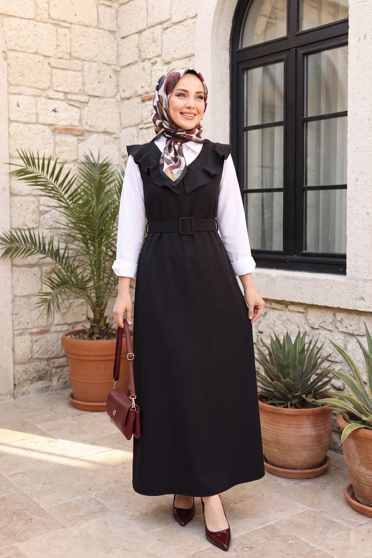 V Neck Long Gilet Dress    -Black