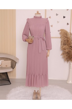 Front Robe Sleeves and Body Pleated Dress    -Powder
