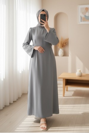 Hakim Yaka Belden Bağlamalı Elbise    -Gri