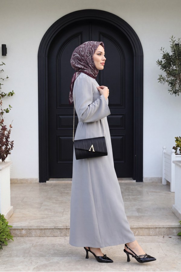 Judge Collar Lace Detailed Dress    -Grey