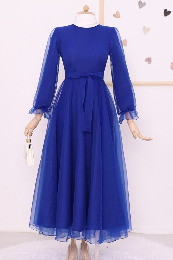 Belted Tulle Evening Dress with Fluffy Sleeves and Skirt -Saxe 